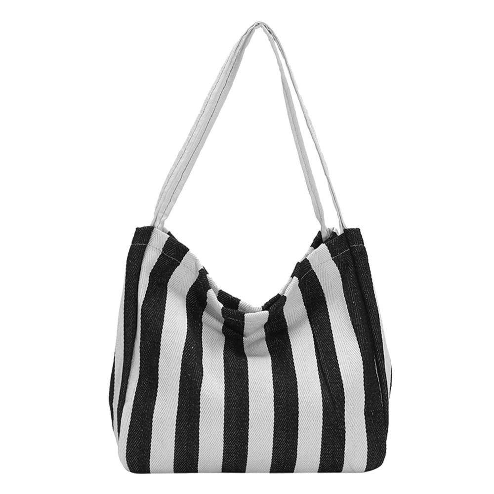 Canvas Shoulder Bag Retro Large Capacity Vertical Stripe Fashionable Casual Handbag for Daily Use Shopping Black Free Size