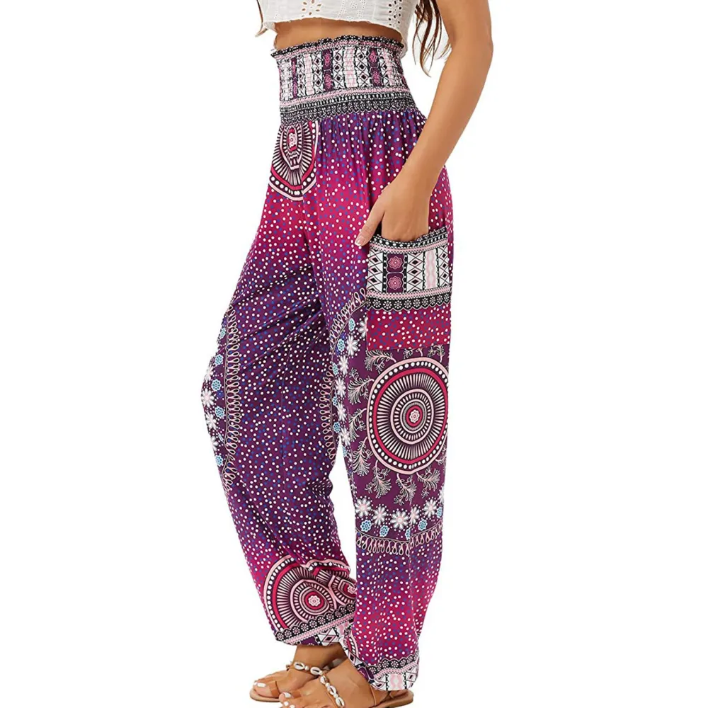 Shirred High Waist Pants Women Fashionable Loose Casual Print Pants with Pocket for Beach Party Purple Print L