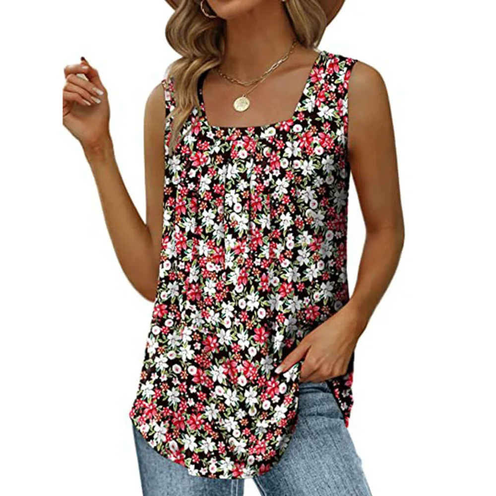 Women Tank Top Floral Printing Front Pleated Loose Fitting Summer Sleeveless Vest for Daily Wear Type C M