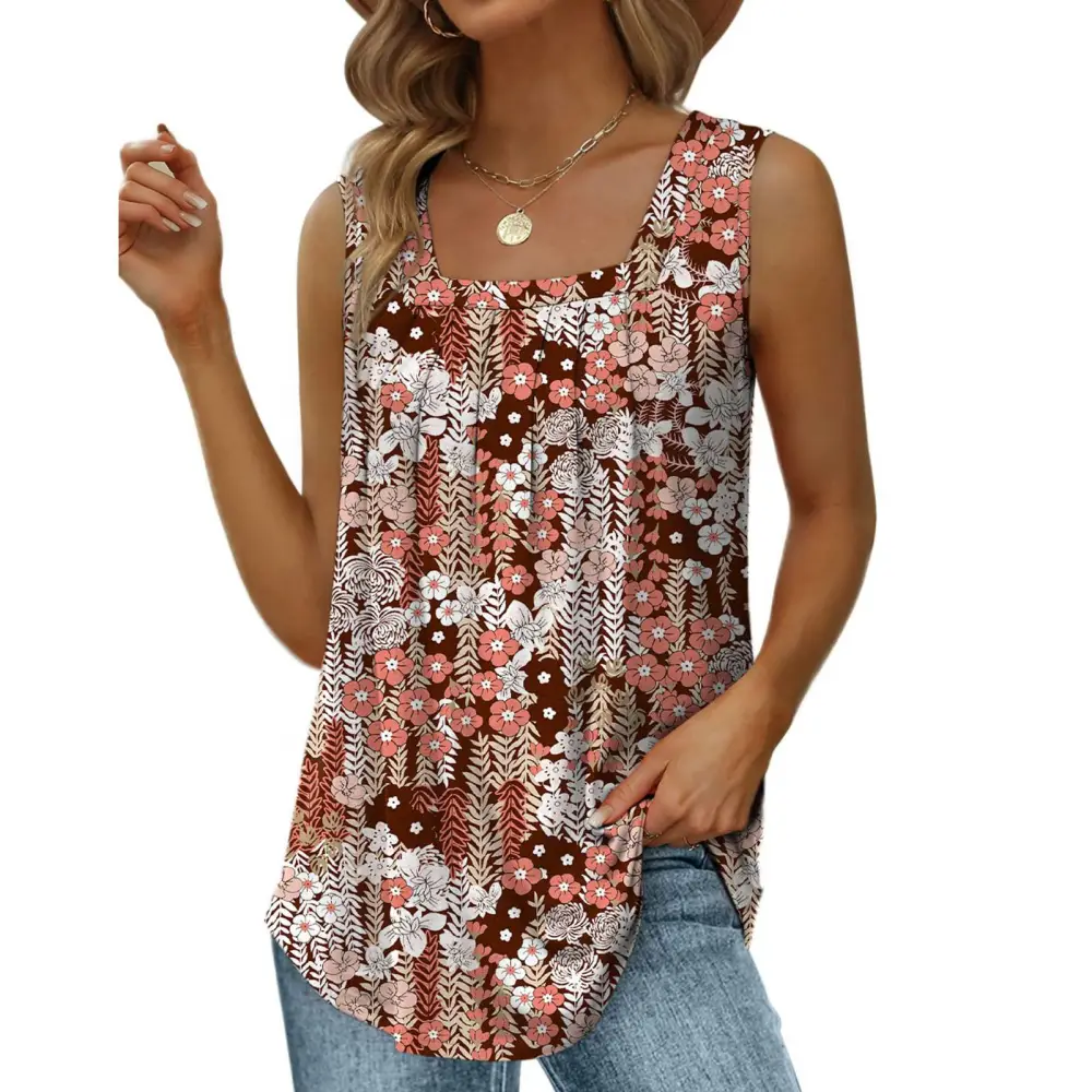 Women Tank Top Floral Printing Front Pleated Loose Fitting Summer Sleeveless Vest for Daily Wear Type A L