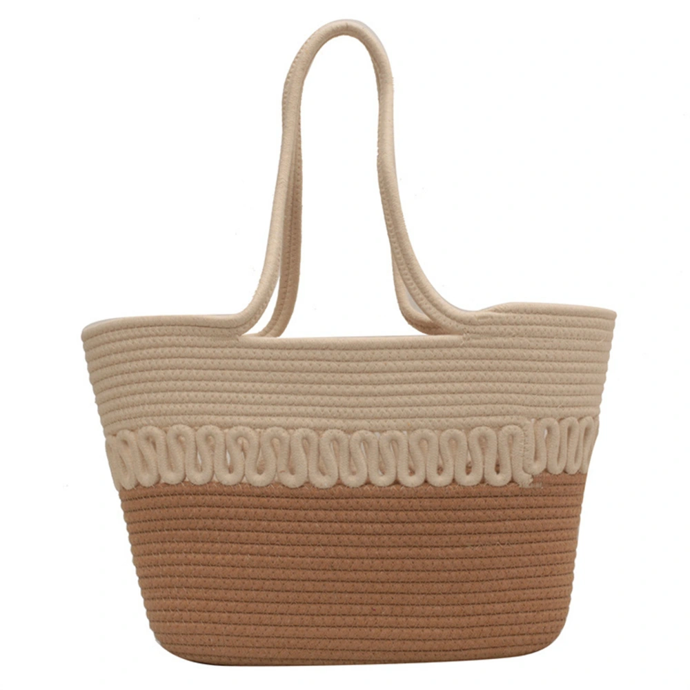 Hollow Cotton Thread Woven Shoulder Bag Women Casual Elegant Large Capacity Beach Handbag for Shopping Khaki Free Size