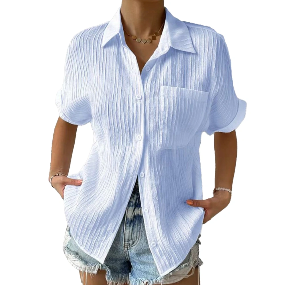 Women Short Sleeve Button Up Shirt Casual Plain Color Turn Down Collar Pleated Top Blouse with Chest Pocket Blue S