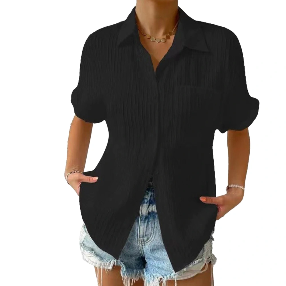 Women Short Sleeve Button Up Shirt Casual Plain Color Turn Down Collar Pleated Top Blouse with Chest Pocket Black XXL