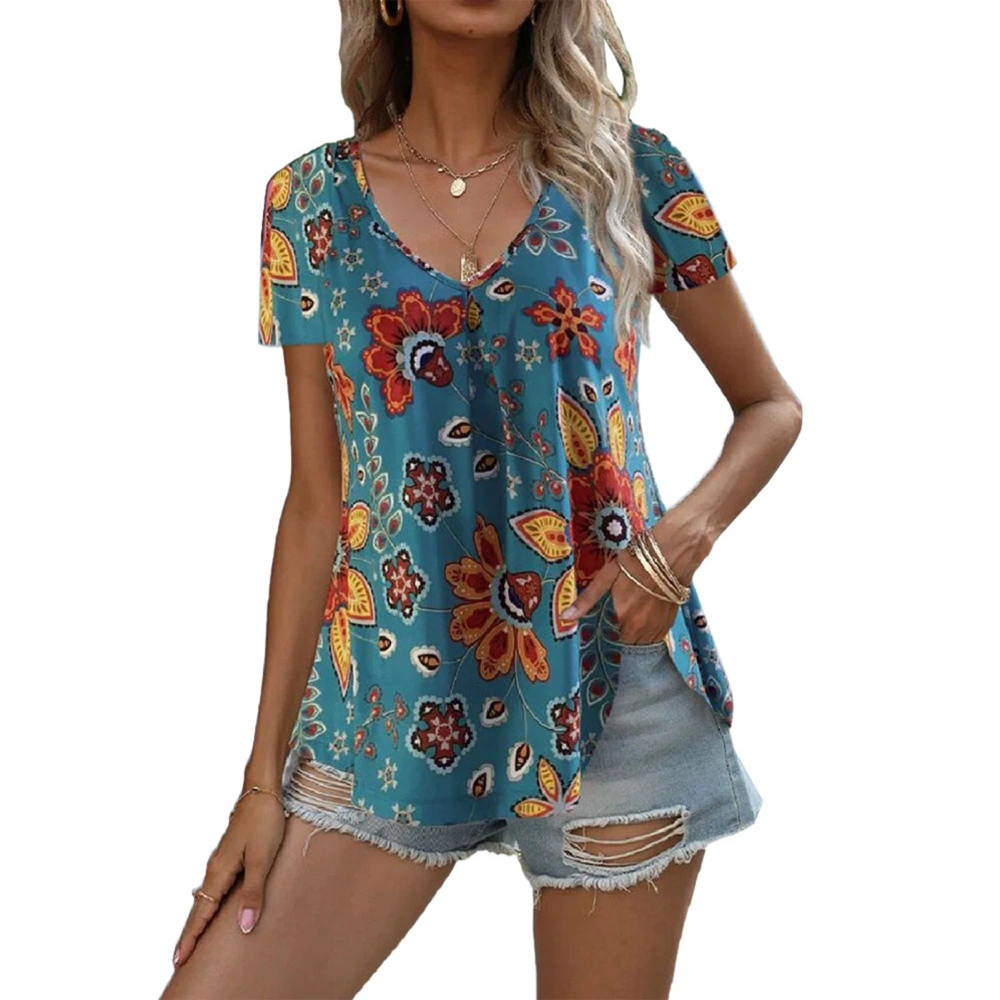 Women V Neck Top Floral Printing Short Sleeves Bust Pleated Loose Fitting Summer Casual T Shirt Light Blue XL