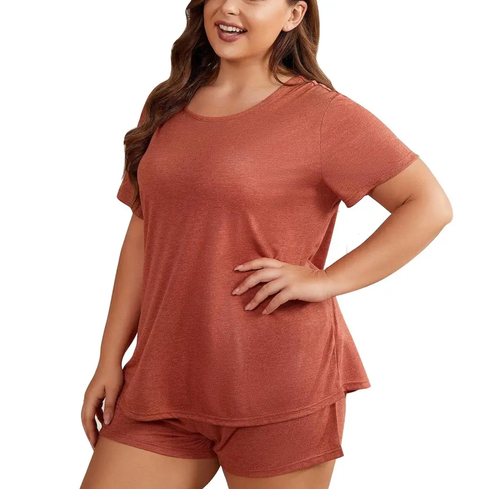 2pcs Women Summer Outfits Short Sleeve Round Neck Top Loose Casual Short Pants Pure Color Sleepwear Sets Reddish Brown 3XL