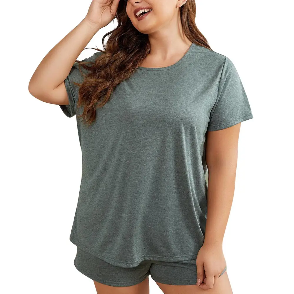 2pcs Women Summer Outfits Short Sleeve Round Neck Top Loose Casual Short Pants Pure Color Sleepwear Sets Grey Green 0XL