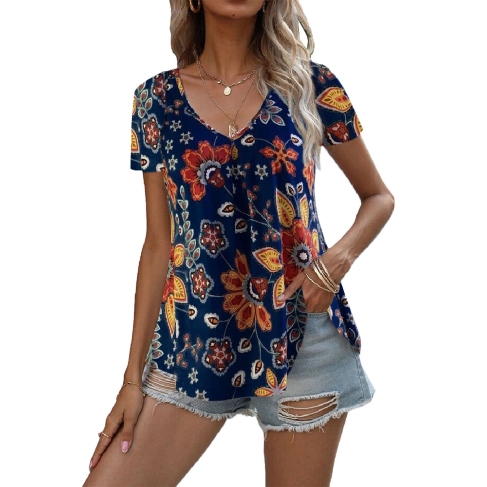 Women V Neck Top Floral Printing Short Sleeves Bust Pleated Loose Fitting Summer Casual T Shirt Blue M