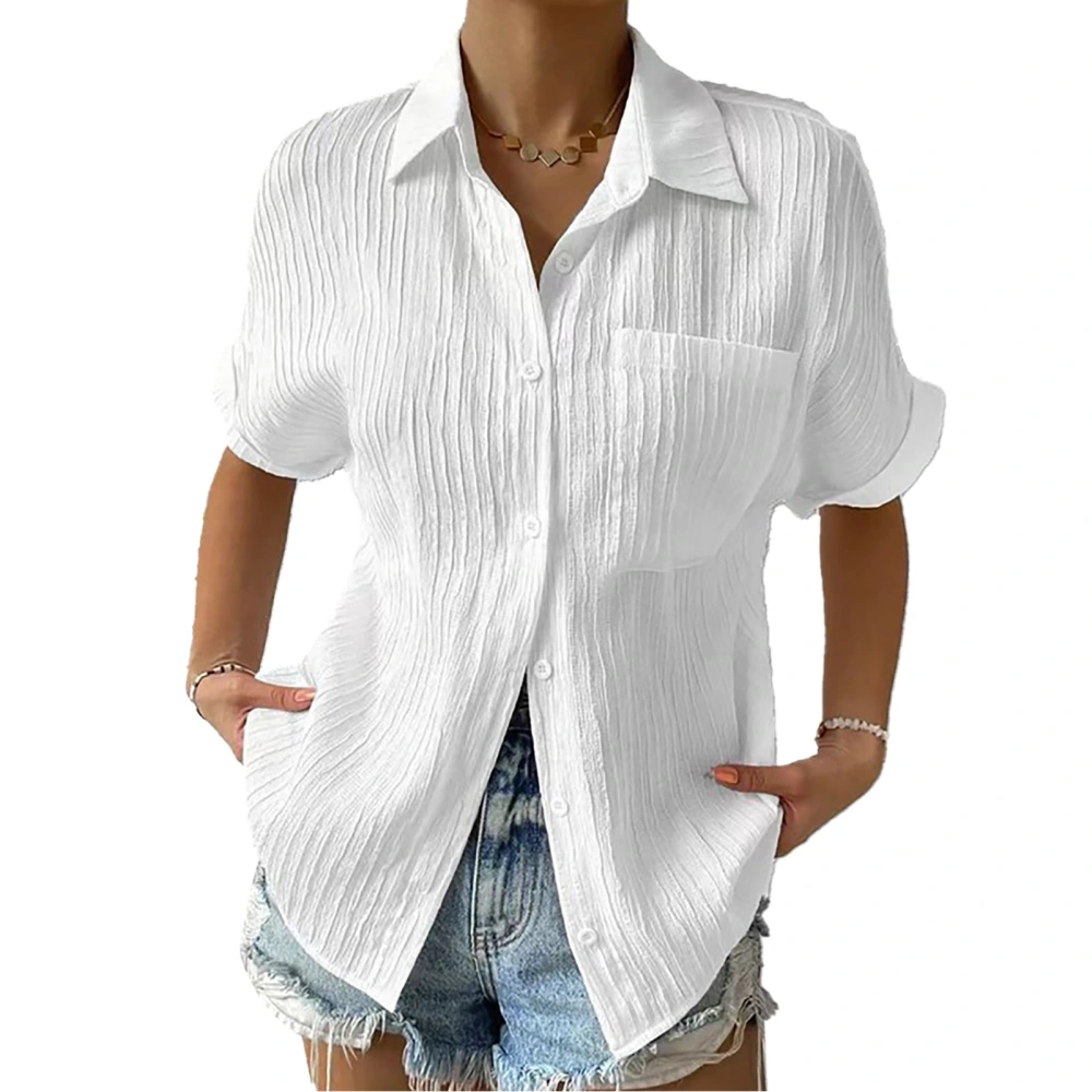 Women Short Sleeve Button Up Shirt Casual Plain Color Turn Down Collar Pleated Top Blouse with Chest Pocket White XL