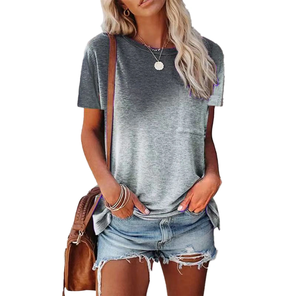 Women Short Sleeve Top Summer Casual Loose Fit Round Neck Gradient Positioning Printing Clothing Gray L