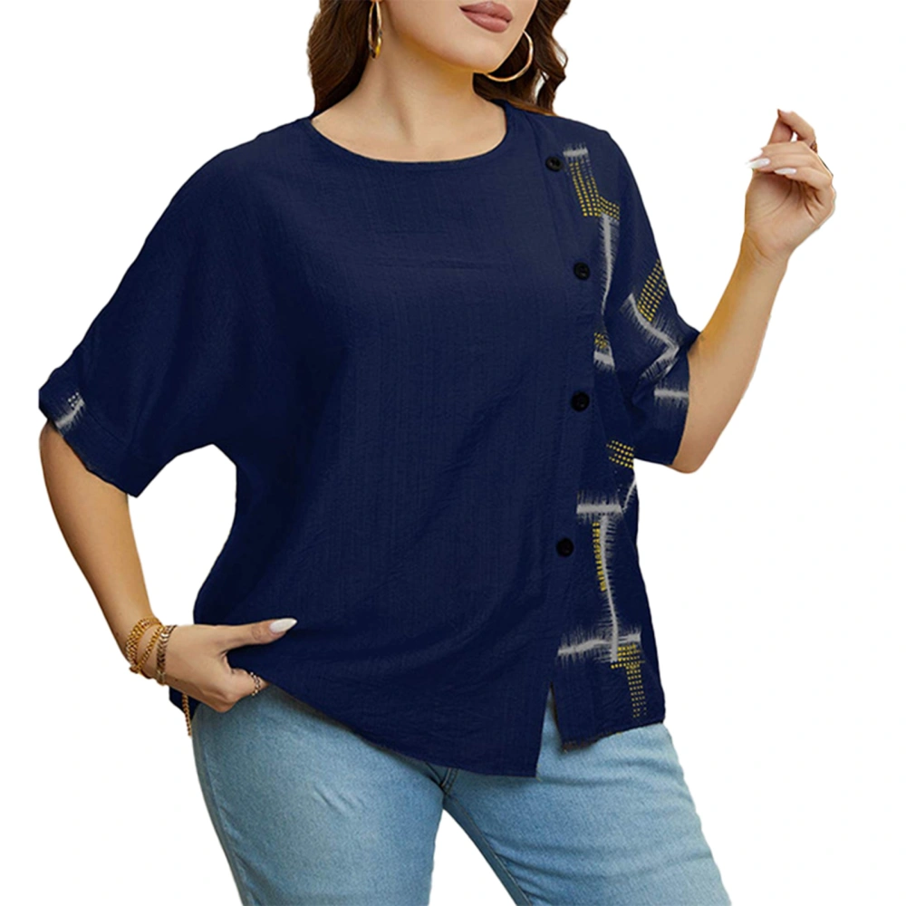 Women Plus Size Top Summer Loose Short Sleeve Pullover Round Neck Button Front Fashion Print Top Blue XXL