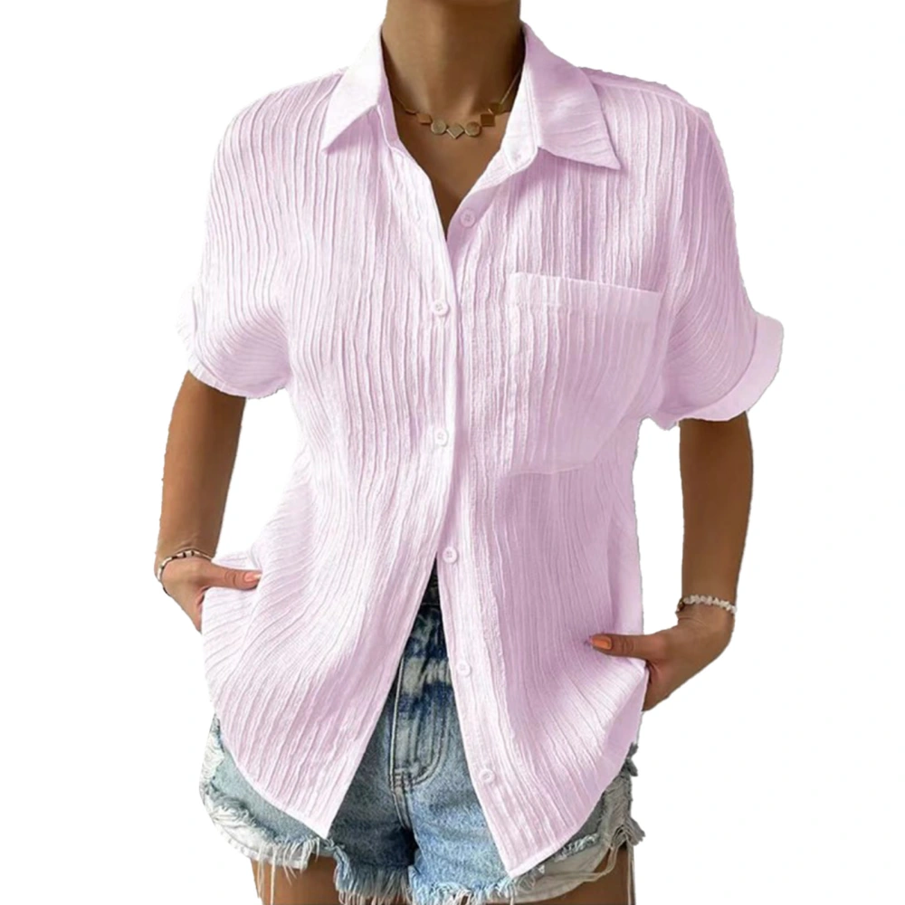 Women Short Sleeve Button Up Shirt Casual Plain Color Turn Down Collar Pleated Top Blouse with Chest Pocket Pink M