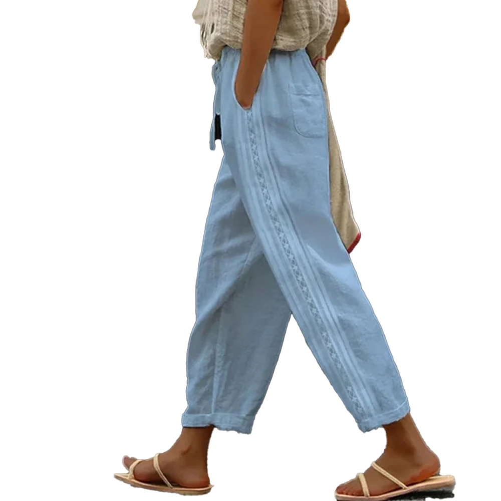 Casual Straight Pants Drawstring Elastic Waist Pocket Pure Color Loose Straight Trousers for Women Lady Girl Light Blue M