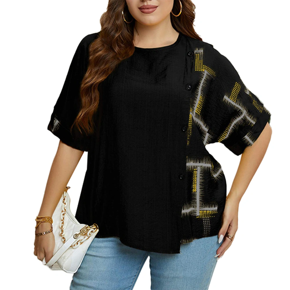 Women Plus Size Top Summer Loose Short Sleeve Pullover Round Neck Button Front Fashion Print Top Black XL