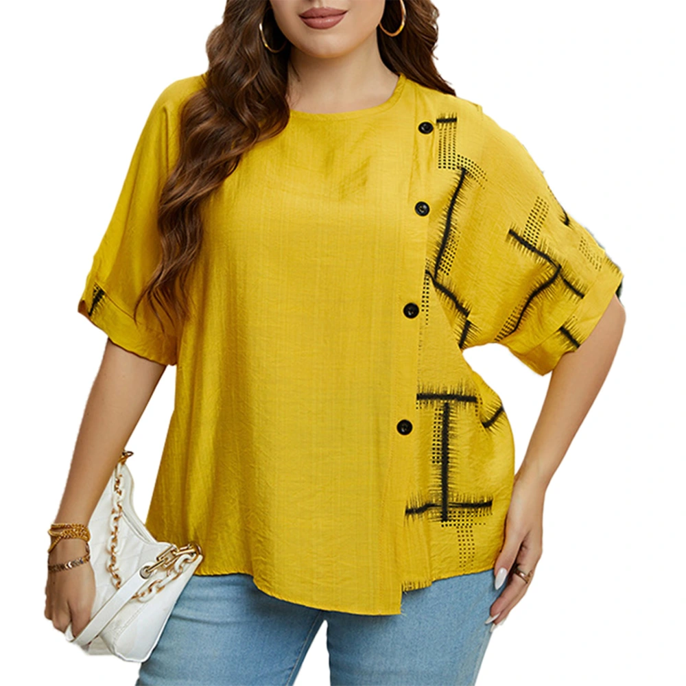 Women Plus Size Top Summer Loose Short Sleeve Pullover Round Neck Button Front Fashion Print Top Yellow XL