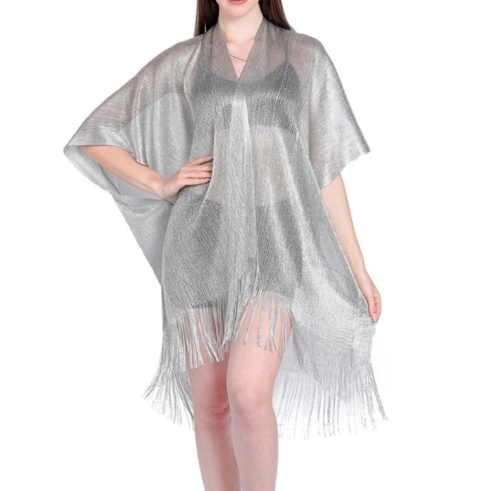 Short Sleeve Cover Up Sheer Mesh Tassel Hem Beachwear Front Open Glitter Cover Up Pure Color Beachwear Silver Free Size