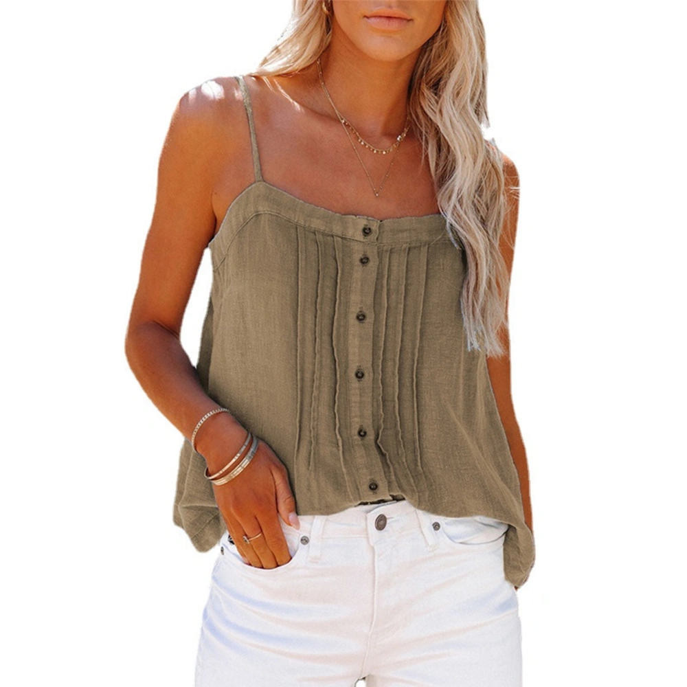 Women Spaghetti Strap Tank Top Button Up Pleated Trim Loose Fitting Summer Sleeveless Top Khaki XXL