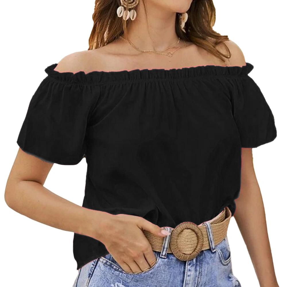 Women Summer Top Casual Loose Off Shoulder Short Sleeve Ruffle Trim Top for Female Black XL