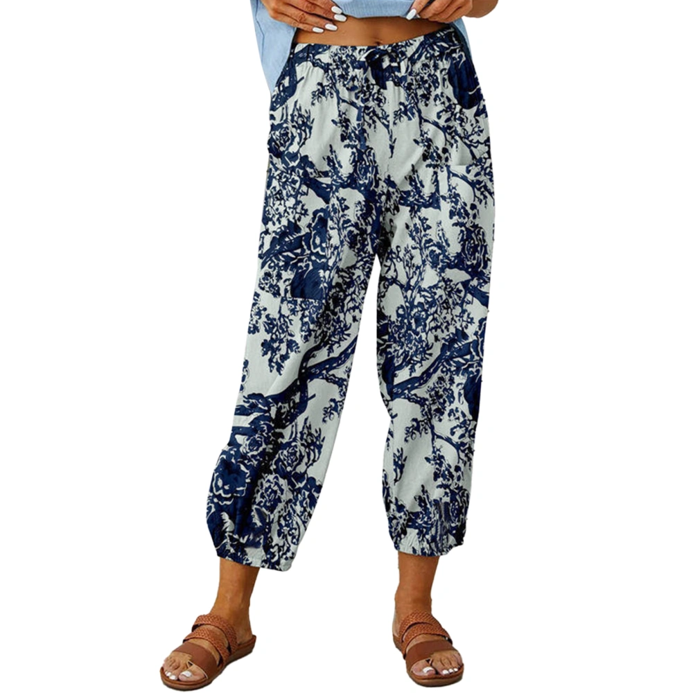 Women Wide Leg Pants Floral Print Elastic Waist Drawstring Closure Cinched Cuff Cropped Pants Blue 3XL