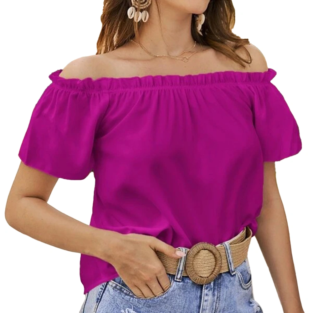 Women Summer Top Casual Loose Off Shoulder Short Sleeve Ruffle Trim Top for Female Purple S