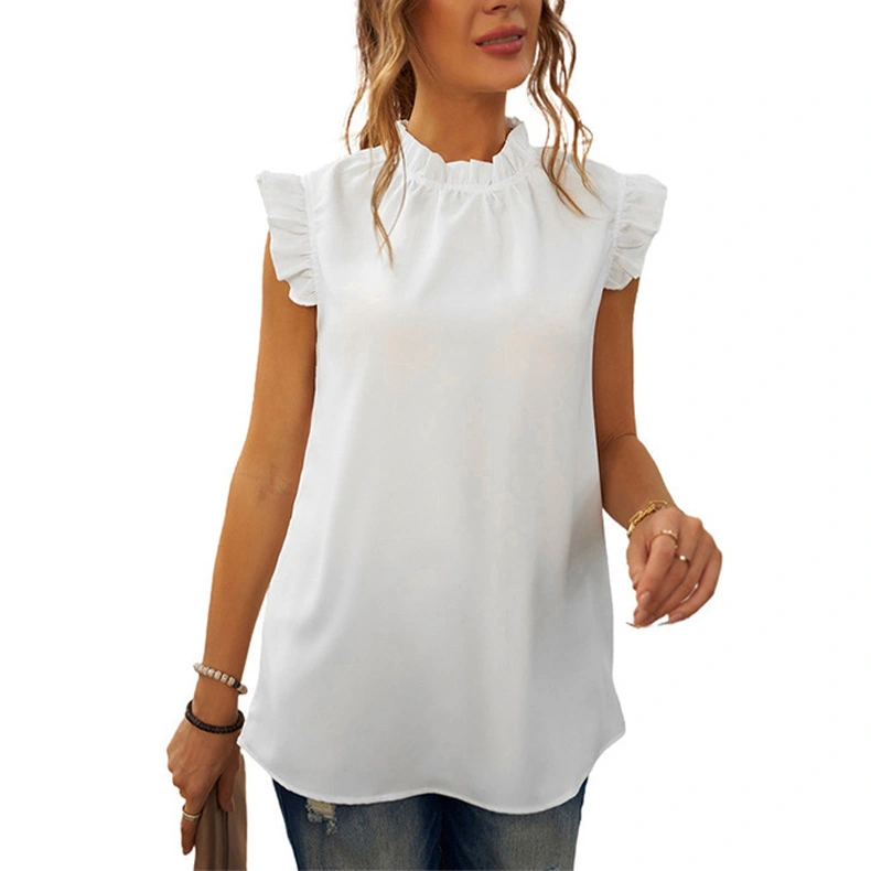 Women Sleeveless Blouse Top Ruffle Cap Soft Touch Skin Friendly Casual Loose Tee for Partying Shopping Travel White M