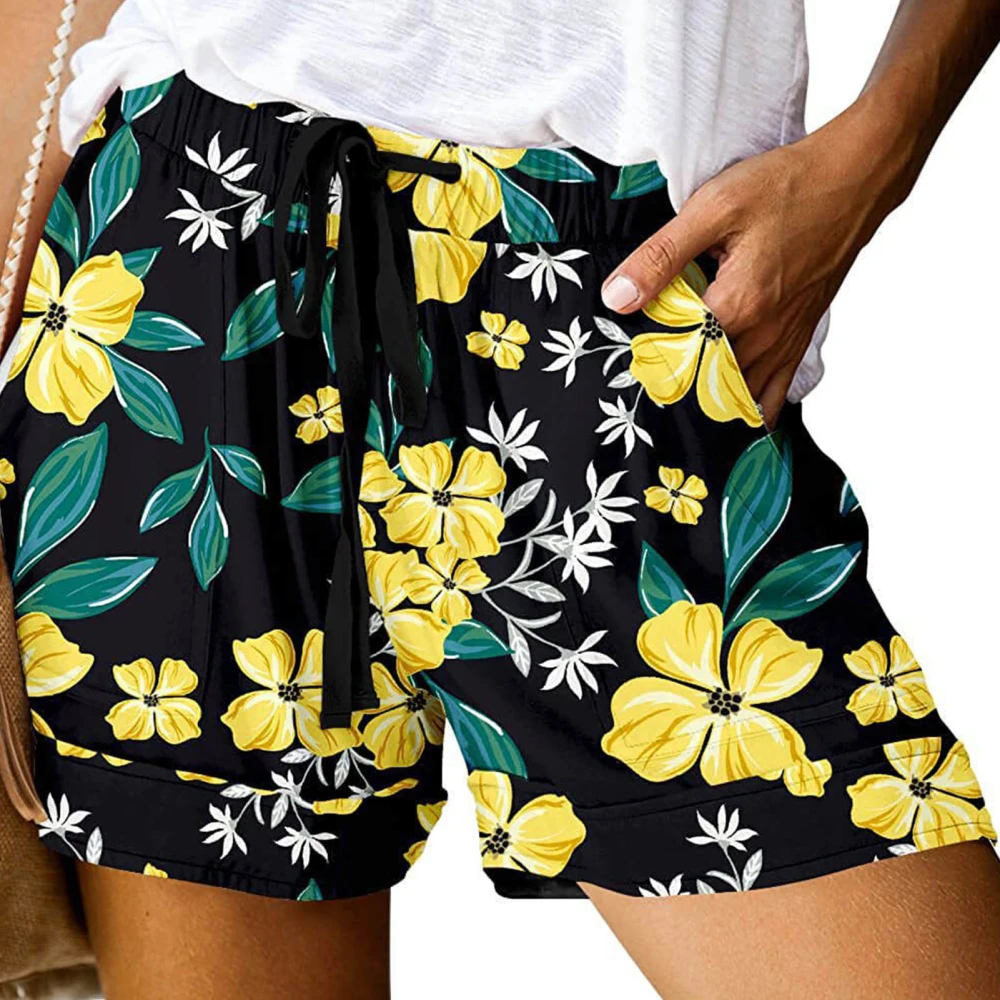 High Waist Print Shorts Women Beach Casual Elegant Elastic Waist Drawstring Shorts with Side Pockets Yellow S