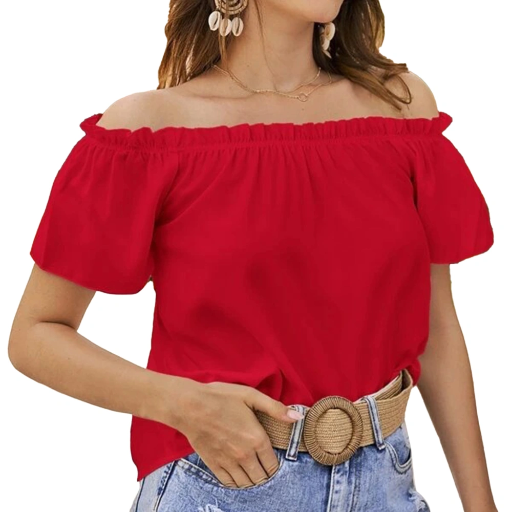 Women Summer Top Casual Loose Off Shoulder Short Sleeve Ruffle Trim Top for Female Red L