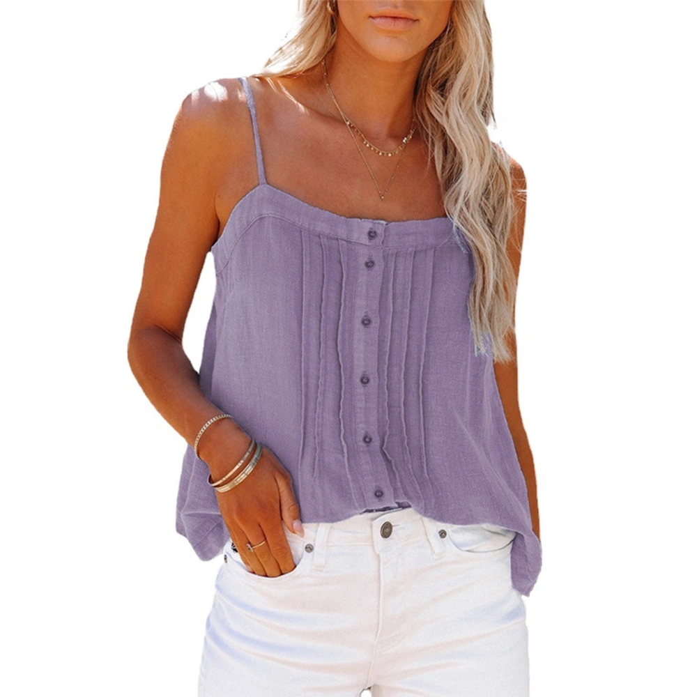 Women Spaghetti Strap Tank Top Button Up Pleated Trim Loose Fitting Summer Sleeveless Top Light Purple XXL