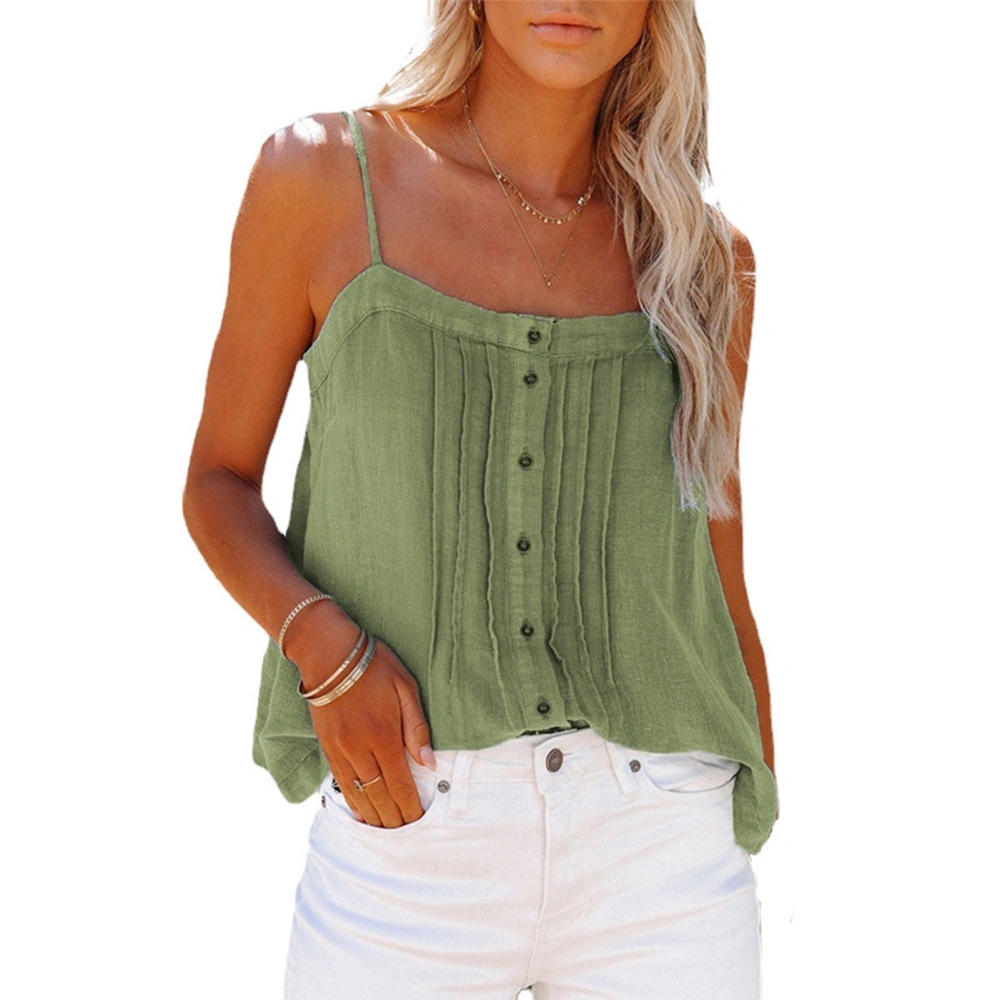 Women Spaghetti Strap Tank Top Button Up Pleated Trim Loose Fitting Summer Sleeveless Top OD Green M