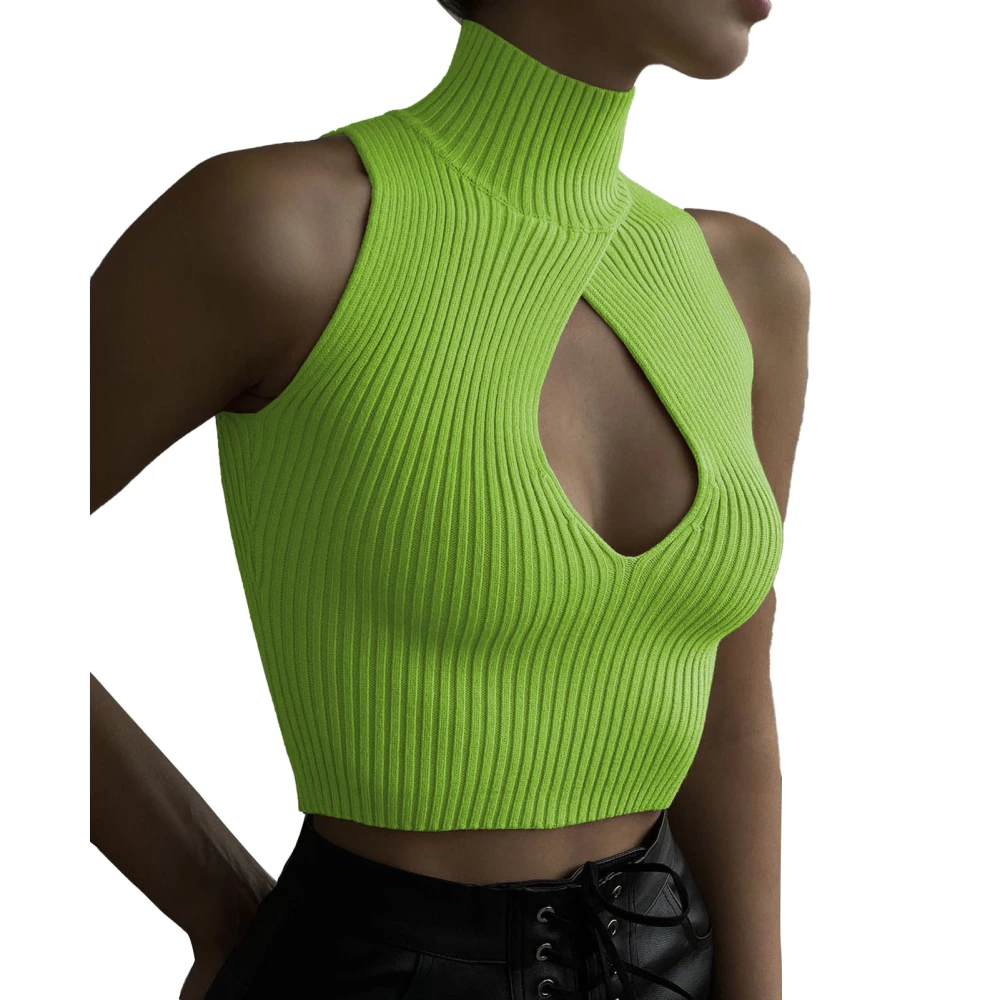 Women High Neck Tank Top Chest Hollow Out Plain Pattern Slim Fit Sleeveless Cropped Top for Spring Summer Autumn Grass Green S