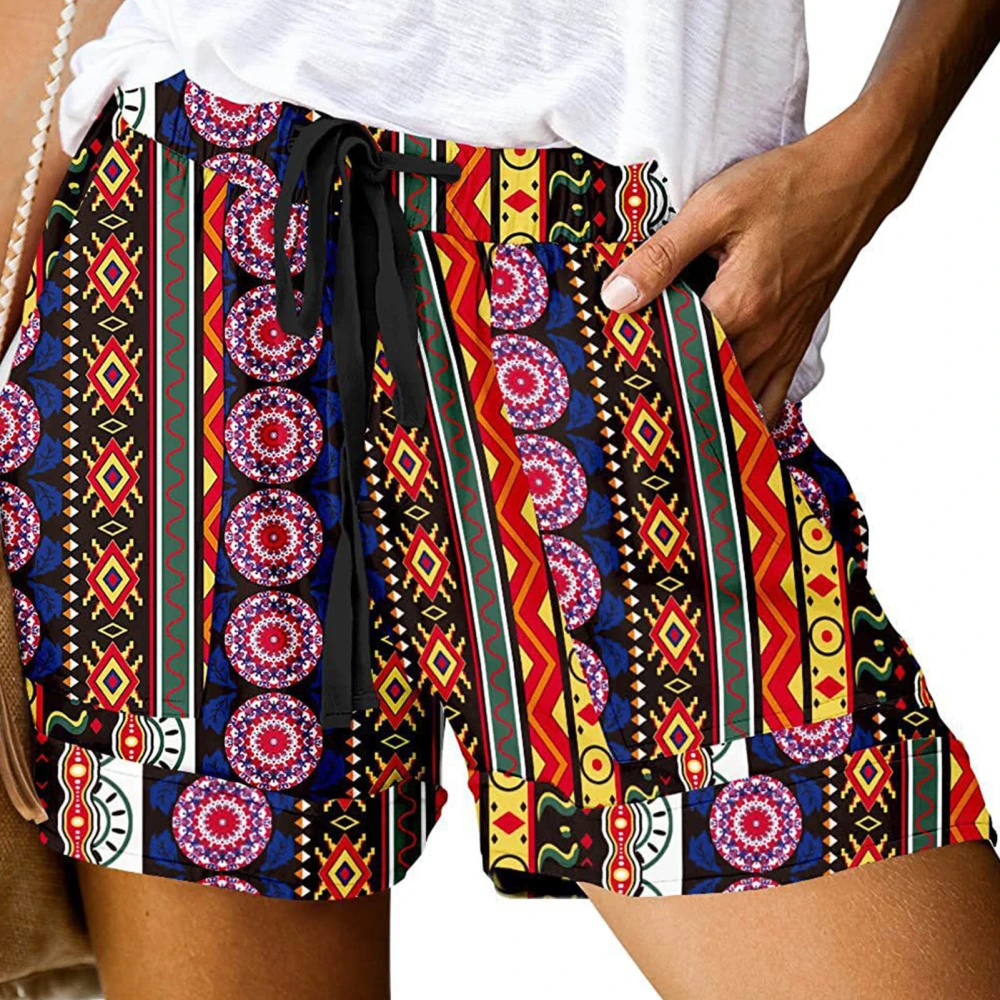 High Waist Print Shorts Women Beach Casual Elegant Elastic Waist Drawstring Shorts with Side Pockets Purple 3XL