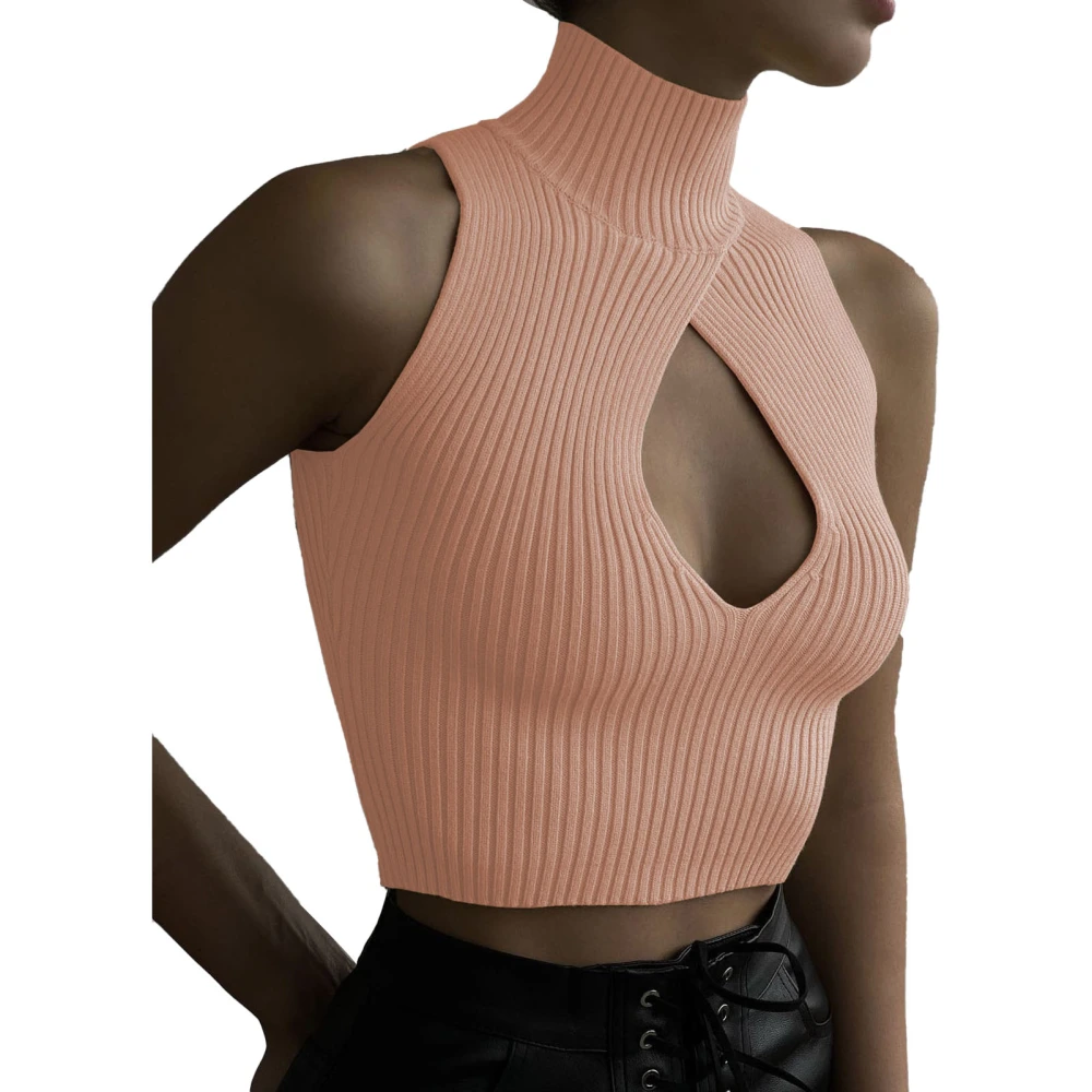 Women High Neck Tank Top Chest Hollow Out Plain Pattern Slim Fit Sleeveless Cropped Top for Spring Summer Autumn Cream Pink XL