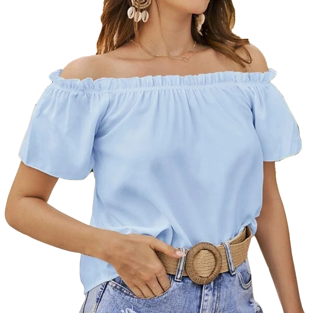 Women Summer Top Casual Loose Off Shoulder Short Sleeve Ruffle Trim Top for Female Light Blue XXL