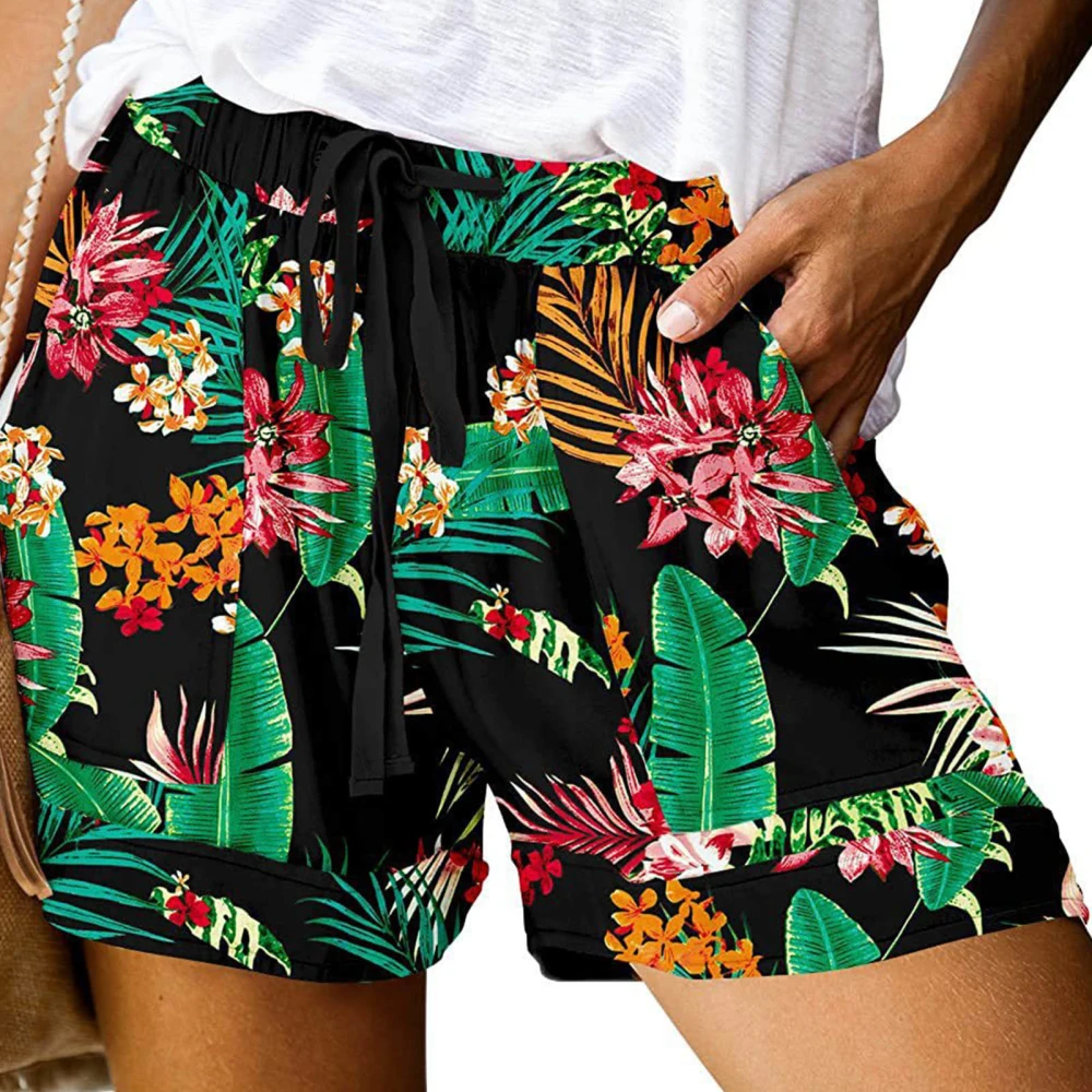 High Waist Print Shorts Women Beach Casual Elegant Elastic Waist Drawstring Shorts with Side Pockets Green 3XL