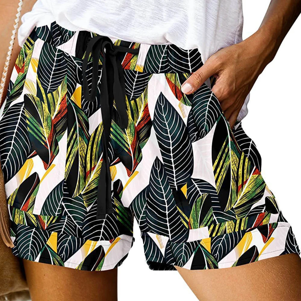 High Waist Print Shorts Women Beach Casual Elegant Elastic Waist Drawstring Shorts with Side Pockets Black XXL