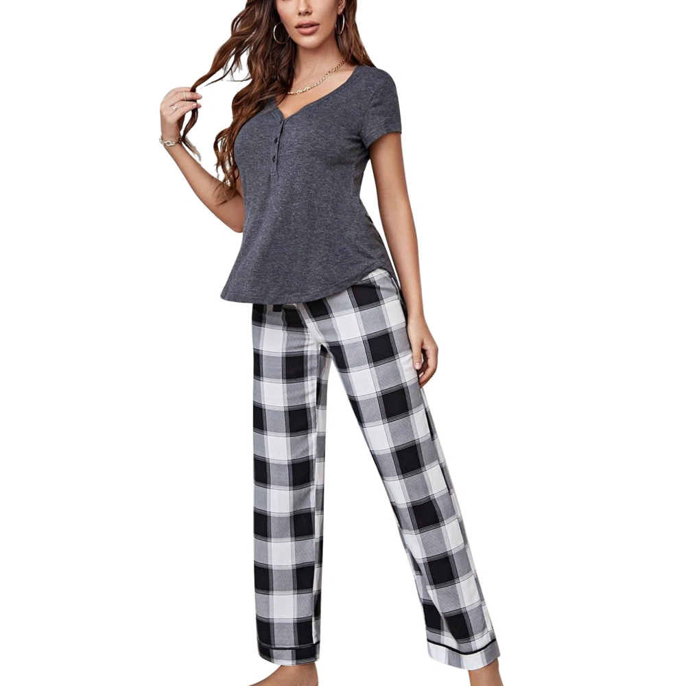 Women Casual Nighty Set V Neck Button Front Short Sleeve Top Elastic Waist Gingham Belted Pants Dark Gray L