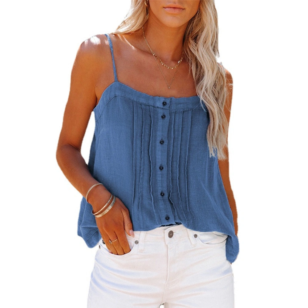 Women Spaghetti Strap Tank Top Button Up Pleated Trim Loose Fitting Summer Sleeveless Top Blue XXL