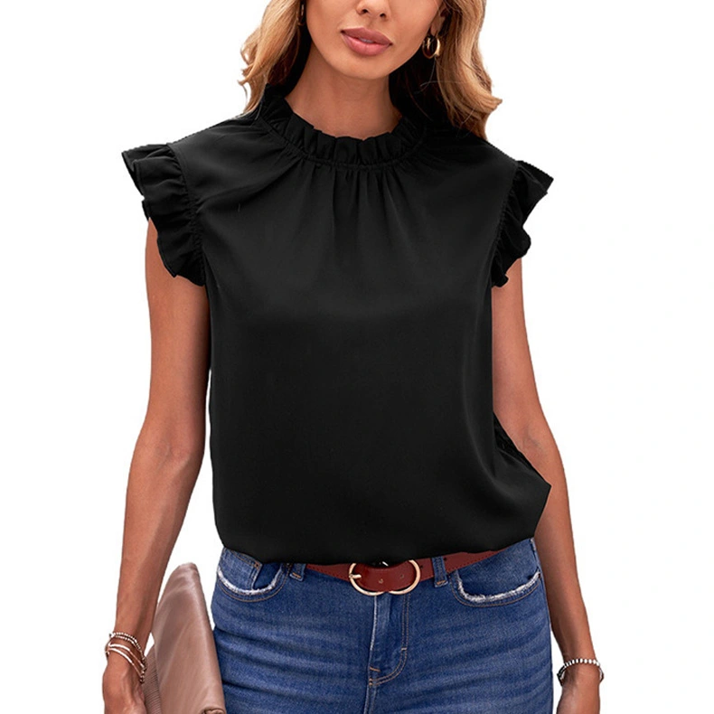 Women Sleeveless Blouse Top Ruffle Cap Soft Touch Skin Friendly Casual Loose Tee for Partying Shopping Travel Black S