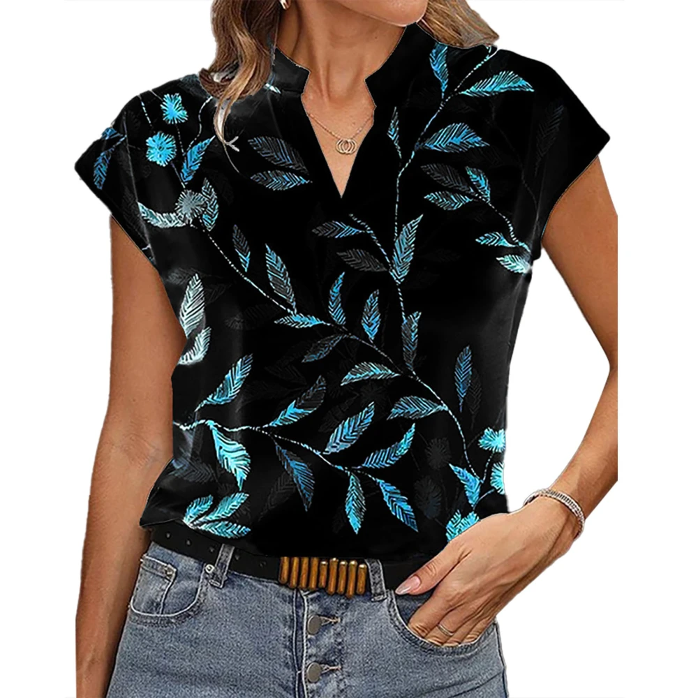 Women Short Sleeve Shirt V Neck Shirt Printed Fashionable Shirt Summer Loose Casual Top Black L