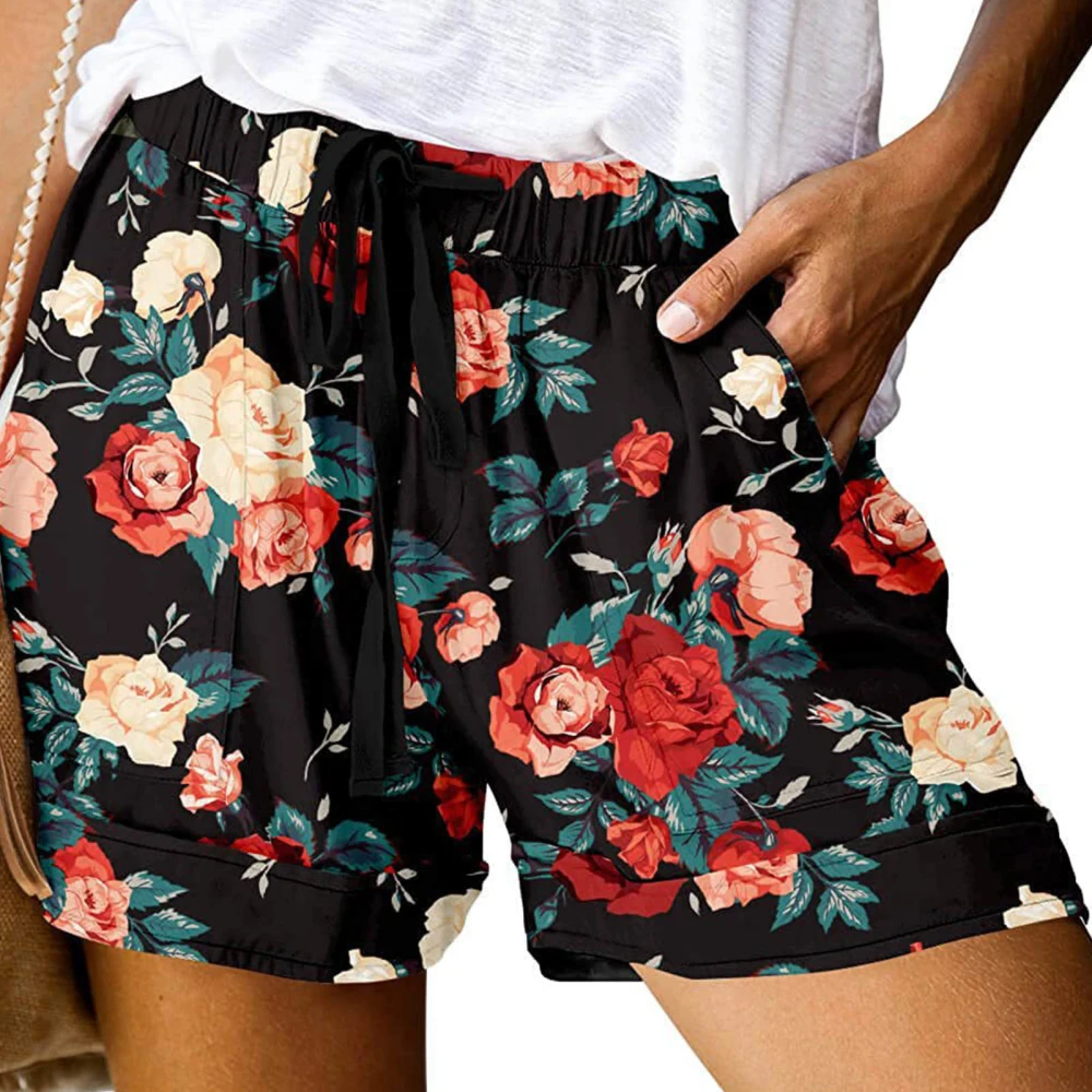 High Waist Print Shorts Women Beach Casual Elegant Elastic Waist Drawstring Shorts with Side Pockets Red S