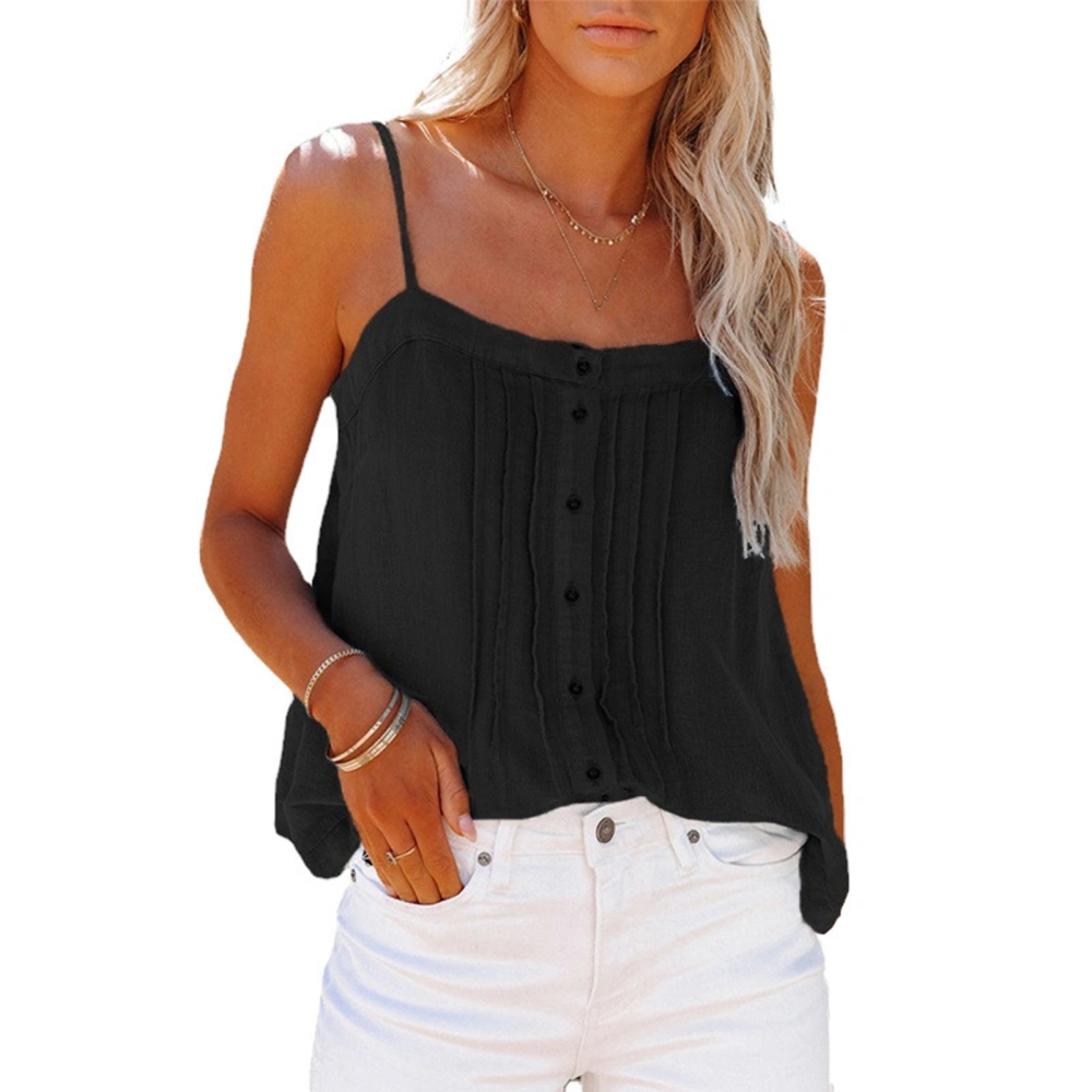 Women Spaghetti Strap Tank Top Button Up Pleated Trim Loose Fitting Summer Sleeveless Top Black XXL