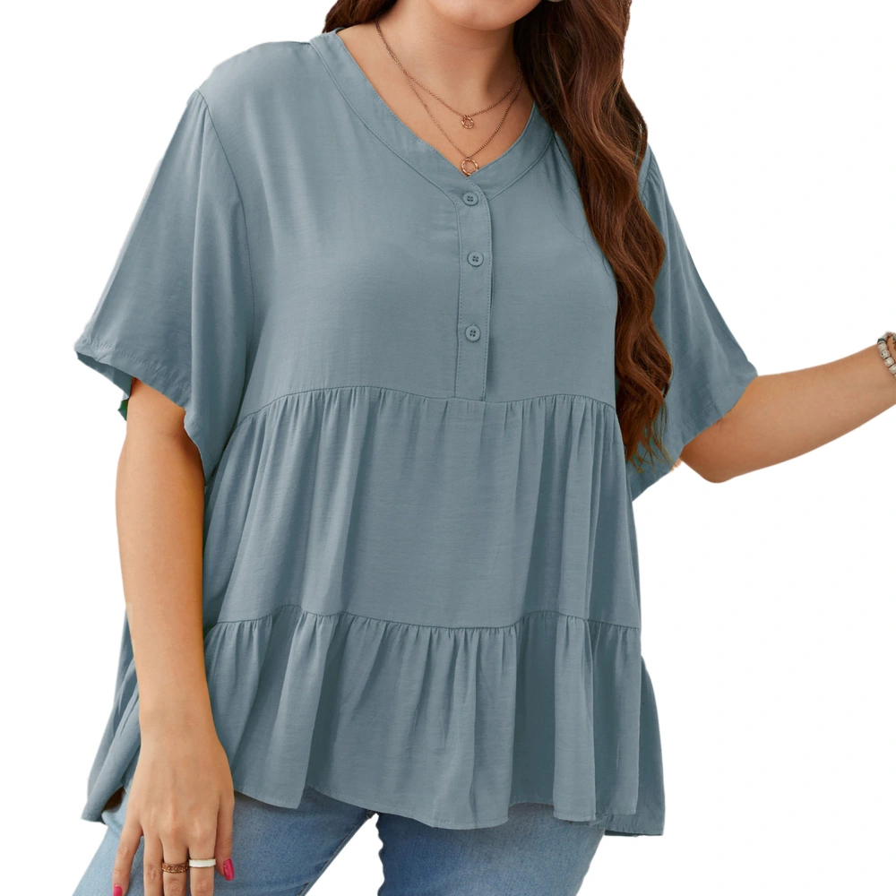 Women V Neck T Shirt Button Casual Summer Soft Loose Short Sleeve Ruffle Hem Top Blouse Blue 3XL