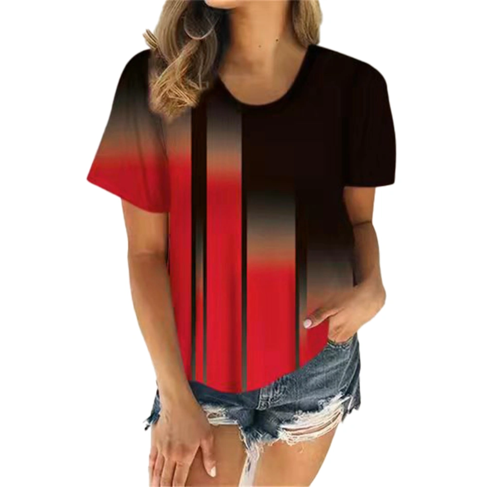 Women Round Neck Top Color Contrast Digital Printing Short Sleeves Loose Fitting Summer Casual T Shirt Red XL