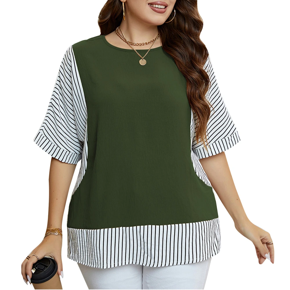 Women Summer Top Plus Size Round Neck Short Rolled Striped Sleeve Striped Hem 2 in 1 Top Green 3XL