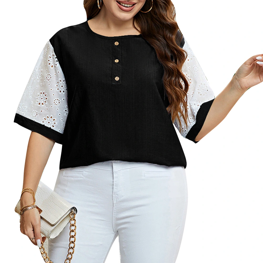 Women Short Sleeve Top Round Neck Lace Splicing Sleeve Casual Lady Summer Blouse with Button Decoration Black 2XL