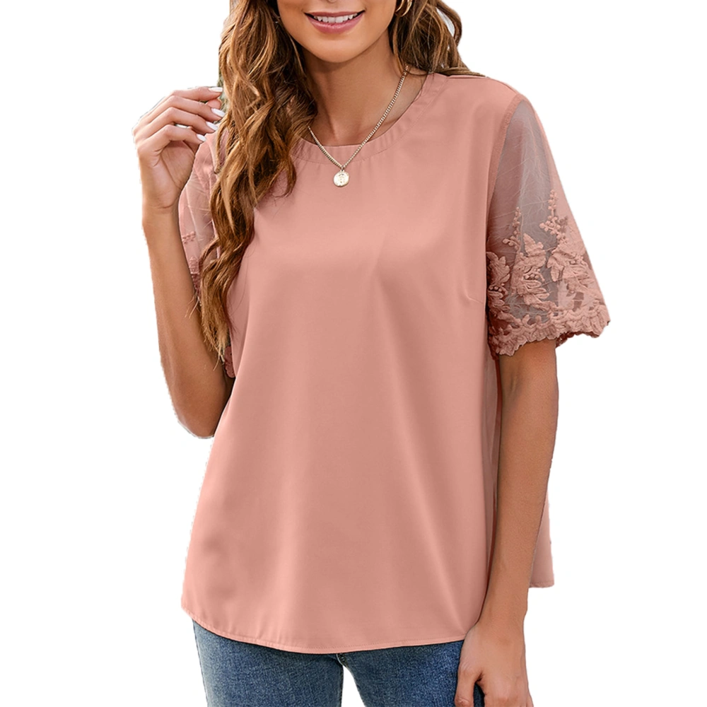 Women Short Sleeve Shirt Round Neck Short Lace Mesh Sleeve Pure Color Casual Loose Women Shirt Top for Summer Daily Pink XXL