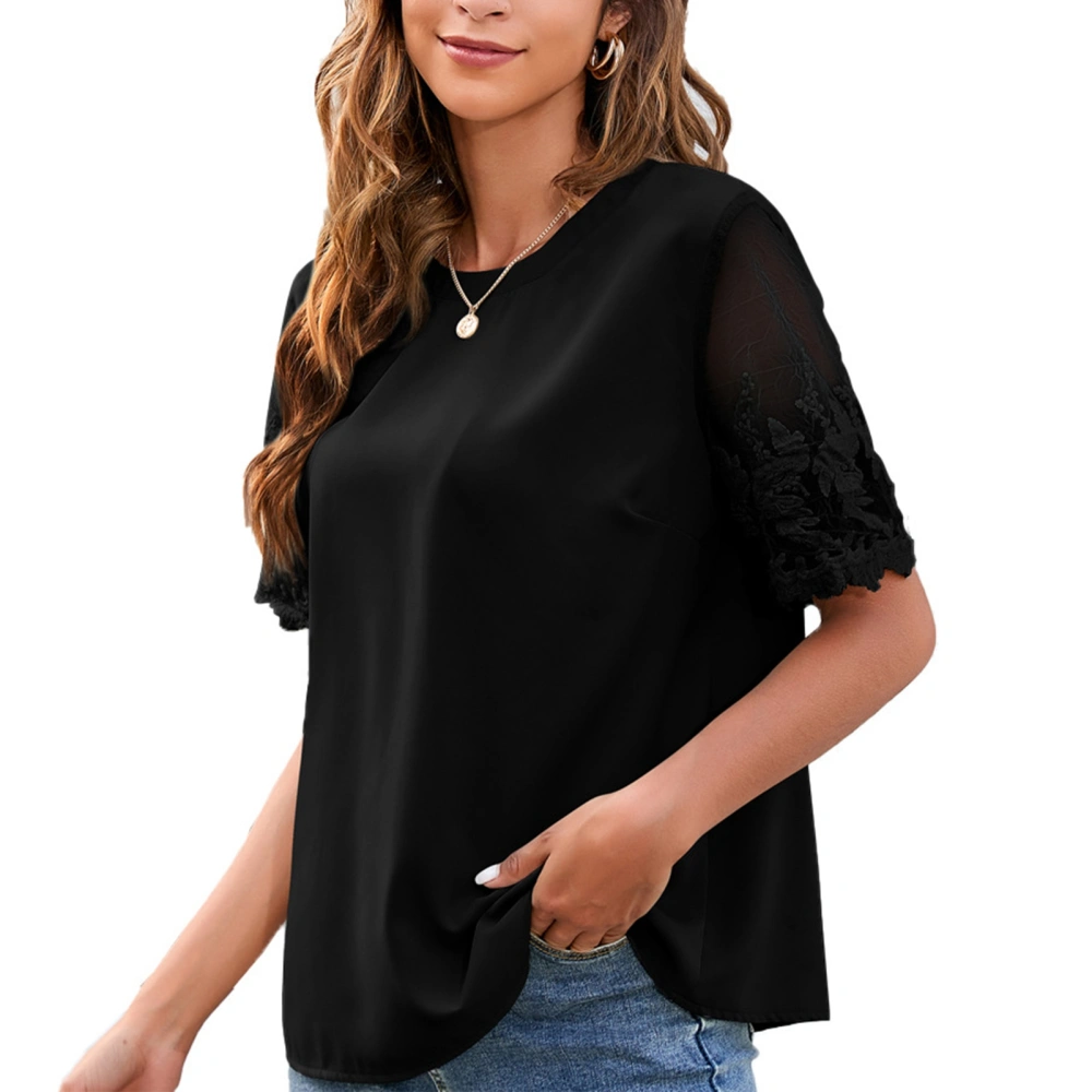 Women Short Sleeve Shirt Round Neck Short Lace Mesh Sleeve Pure Color Casual Loose Women Shirt Top for Summer Daily Black XXL