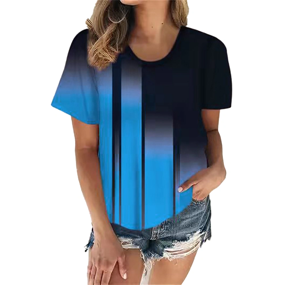 Women Round Neck Top Color Contrast Digital Printing Short Sleeves Loose Fitting Summer Casual T Shirt Blue XL