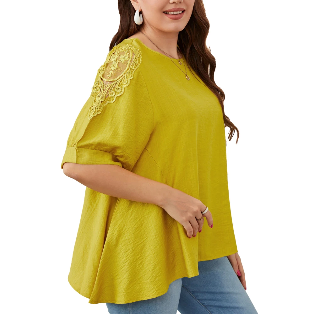 Women Summer Lace Short Sleeve Shirt Top Irregular Hem Loose T Shirt Causal Round Neck Top Yellow XXXL