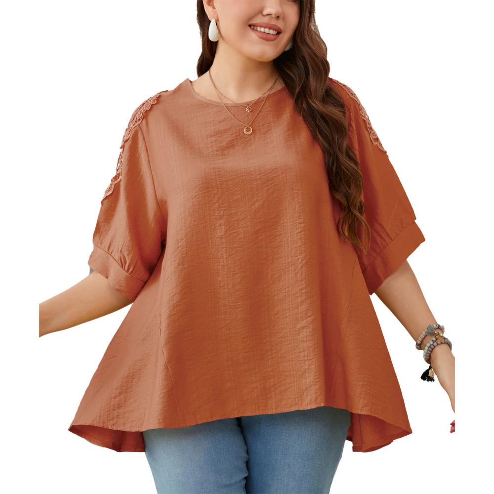 Women Summer Lace Short Sleeve Shirt Top Irregular Hem Loose T Shirt Causal Round Neck Top Brownish Red XL