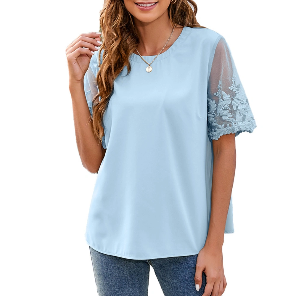 Women Short Sleeve Shirt Round Neck Short Lace Mesh Sleeve Pure Color Casual Loose Women Shirt Top for Summer Daily Sky Blue S